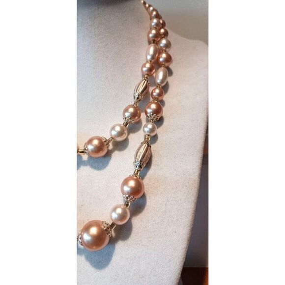 VTG Peach Pink Faux Pearl Silk Wrapped Bead Double Strand Choker Necklace Japan - Picture 2 of 6
